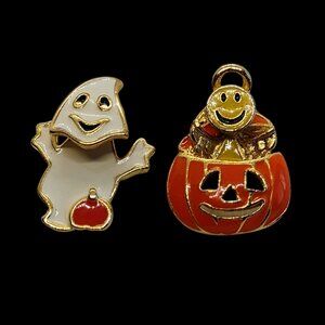 Vtg Lot of 2 Enamel Halloween Ghost & Pumpkin Pins